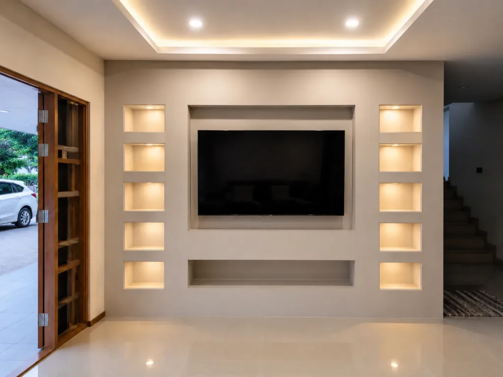 ผนังทีวีบิวอิน ฝังไฟ LED ซ่อนสายไฟเรียบร้อย — ผลงาน Adayhome
